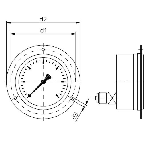 buisveermanometer industrie, 100 mm, -1/0 bar, achteraansluiting G1/2 met voorflens DRUK