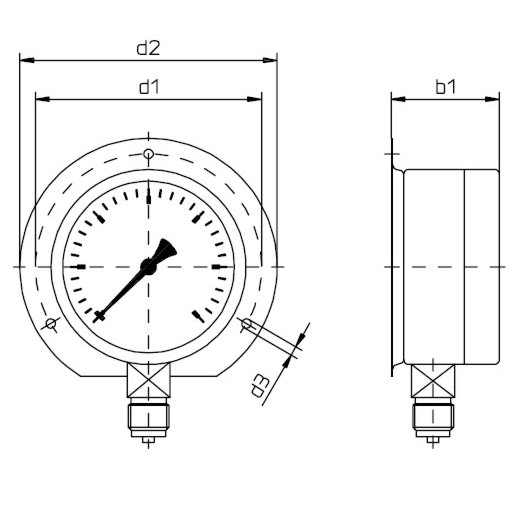 buisveermanometer industrie, 100 mm, 0-1,6 bar, onderaansluiting G1/2 met wandflens DRUK