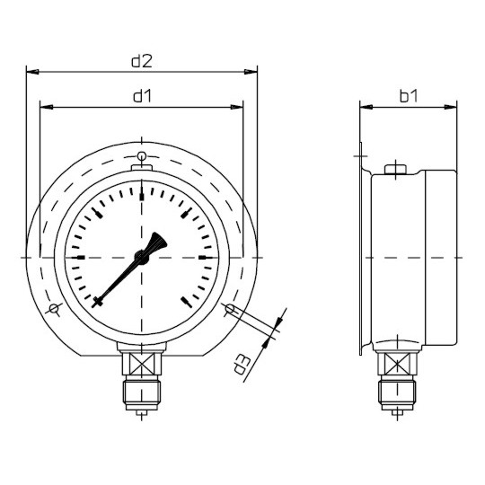 buisveermanometer industrie, vloeistofgedempt, 100 mm, -1/0 bar, onderaansluiting G1/2 met wandflens Geen categorie