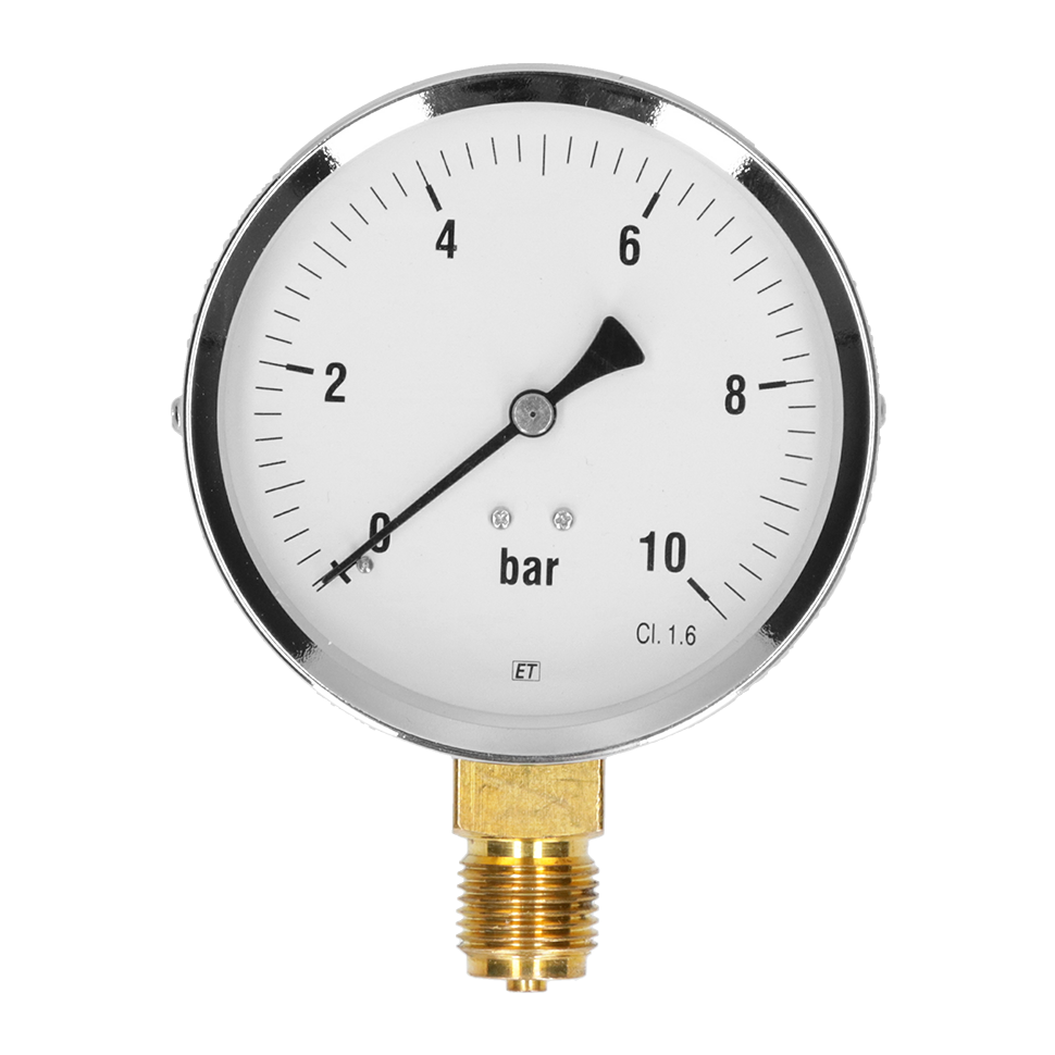 Buisveermanometer – Staal/Messing – Ø100 mm – Onderaansluiting G1/2 DRUK